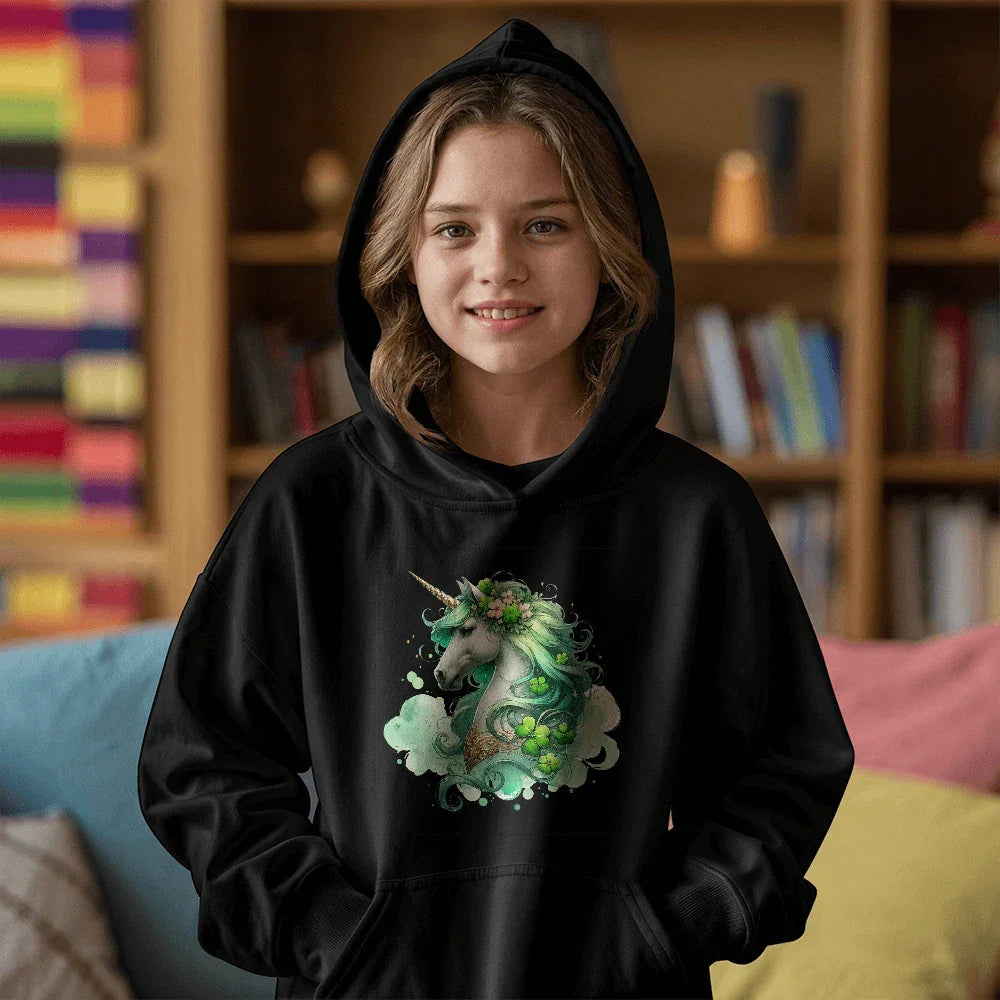 Youth Unicorn Pullover Hoodie – St. Patrick's Day Lucky Shamrock Sweatshirt – Soft Cotton Blend Fleece – Girls & Boys Cozy Hoodie