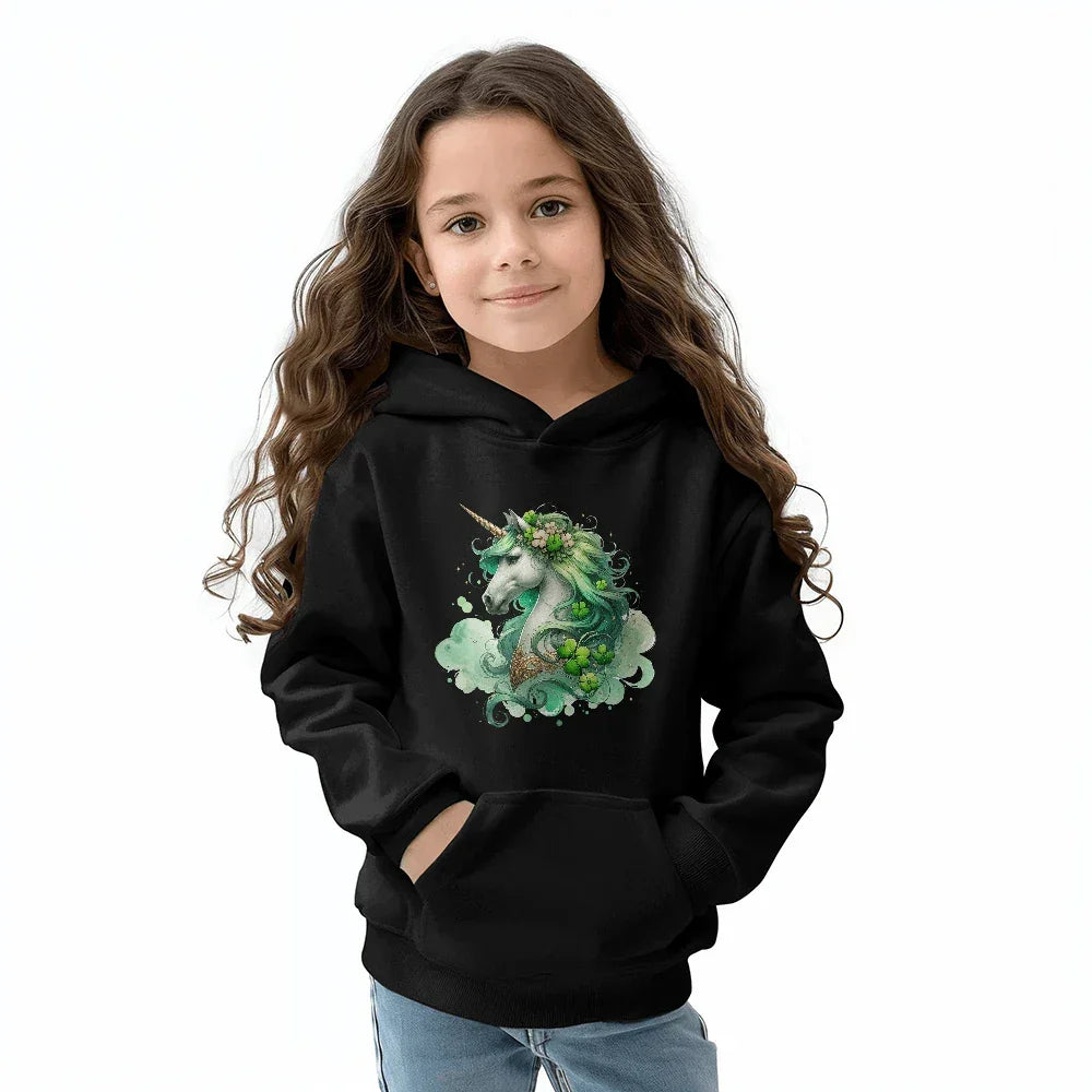 Youth Unicorn Pullover Hoodie – St. Patrick's Day Lucky Shamrock Sweatshirt – Soft Cotton Blend Fleece – Girls & Boys Cozy Hoodie