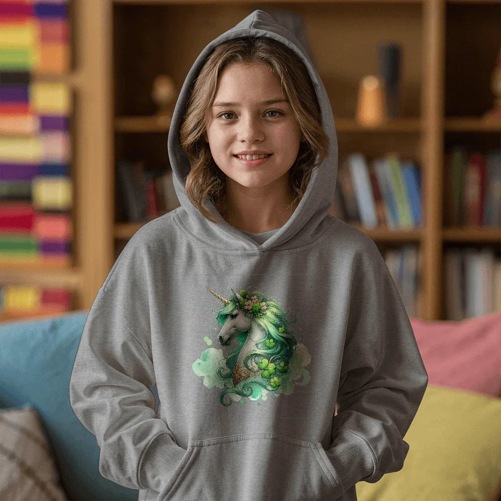 Youth Unicorn Pullover Hoodie – St. Patrick's Day Lucky Shamrock Sweatshirt – Soft Cotton Blend Fleece – Girls & Boys Cozy Hoodie