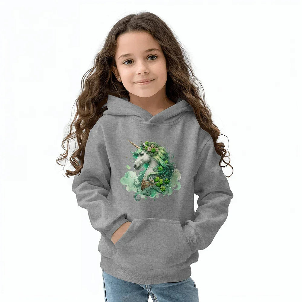 Youth Unicorn Pullover Hoodie – St. Patrick's Day Lucky Shamrock Sweatshirt – Soft Cotton Blend Fleece – Girls & Boys Cozy Hoodie
