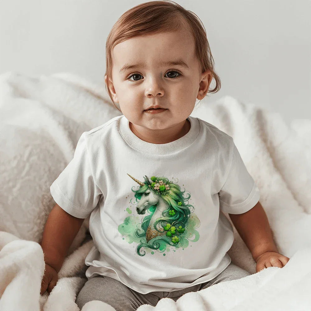 Toddler St. Patrick's Day Unicorn T-Shirt – Cute Irish Fantasy Tee – Soft Cotton Crew Neck Shirt – Lucky Shamrock Design for Girls