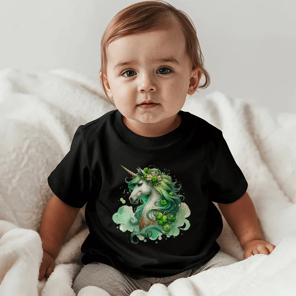 Toddler St. Patrick's Day Unicorn T-Shirt – Cute Irish Fantasy Tee – Soft Cotton Crew Neck Shirt – Lucky Shamrock Design for Girls