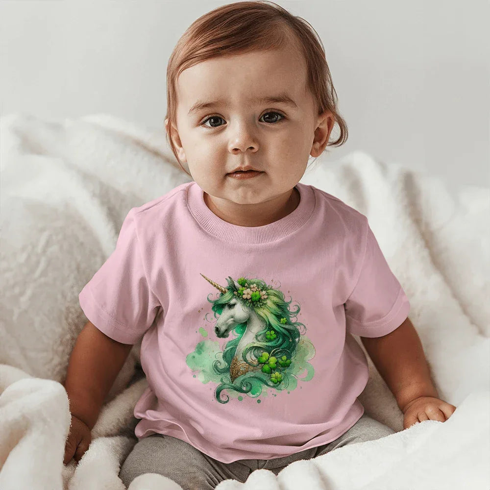 Toddler St. Patrick's Day Unicorn T-Shirt – Cute Irish Fantasy Tee – Soft Cotton Crew Neck Shirt – Lucky Shamrock Design for Girls