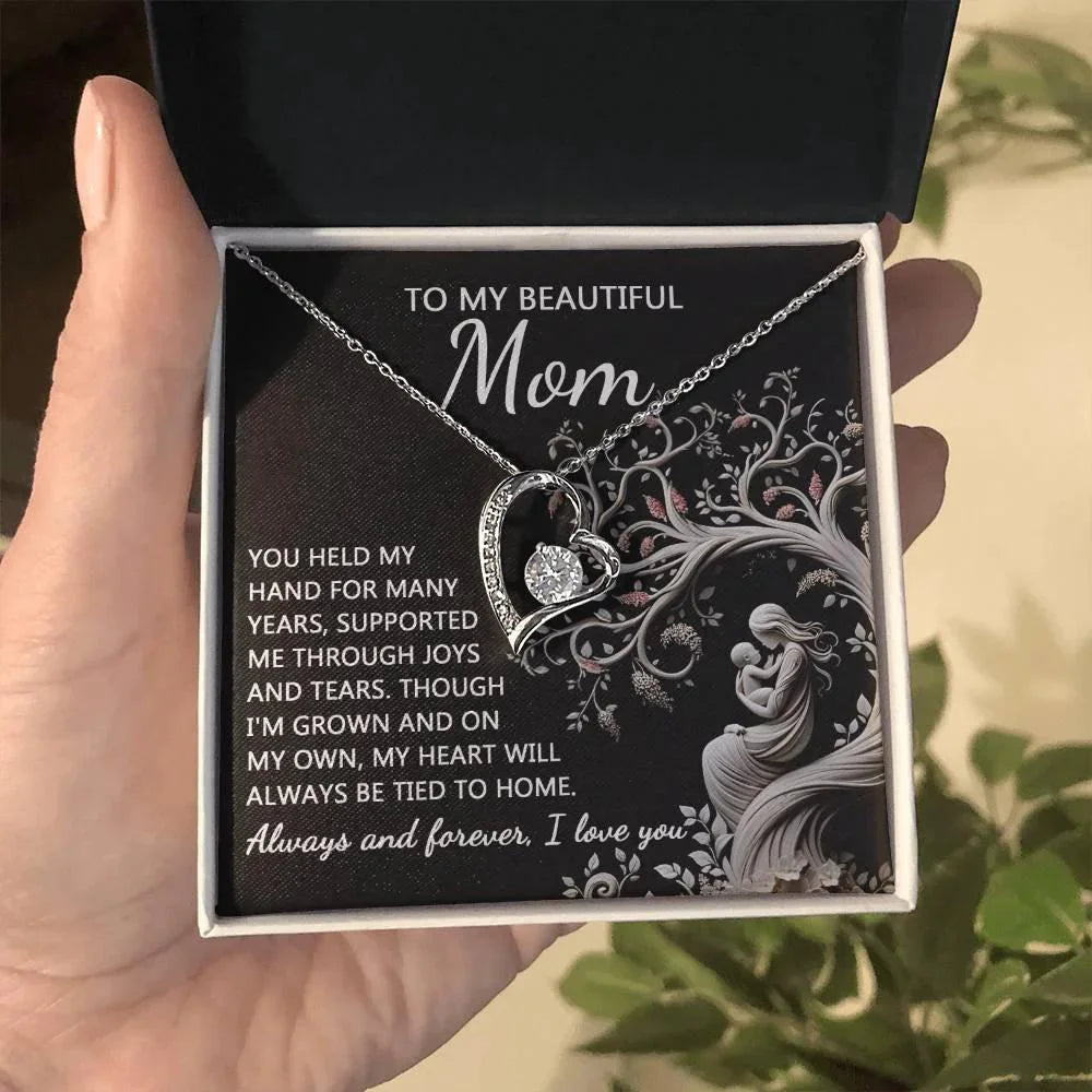 To My Beautiful Mom My Heart Will Always Be Tied to Home Forever Love Heart Pendant Necklace