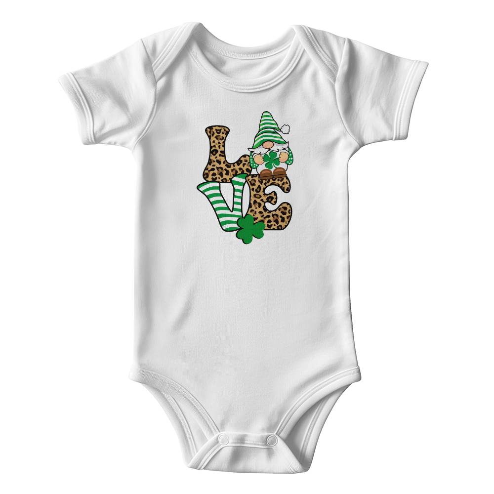 Love St. Patrick’s Day Baby Bodysuit – Cute Gnome & Shamrock Onesie – Soft Cotton Infant Romper – Leopard Print Irish Holiday Outfit & Baby Gift - Mallard Moon Gift Shop