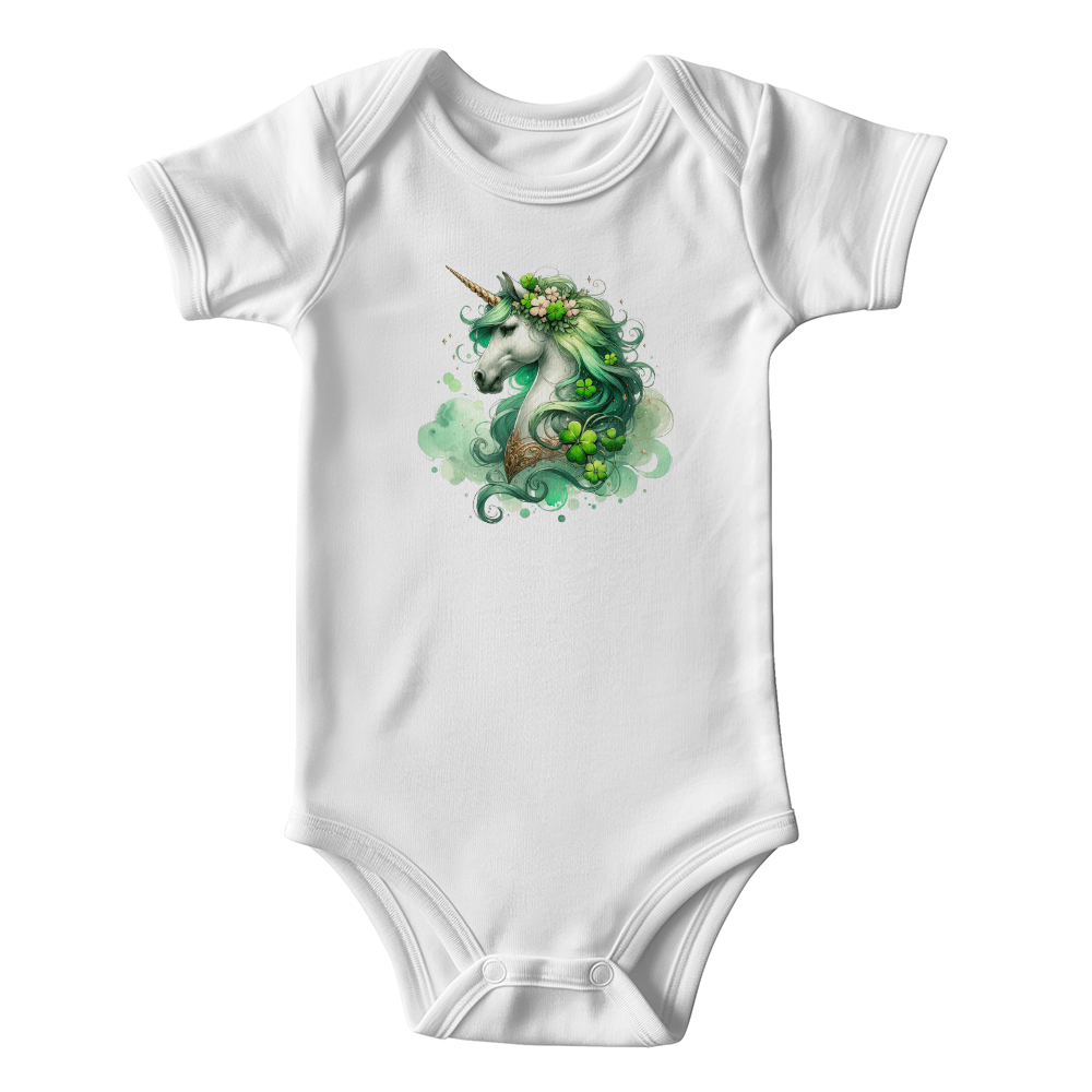 Magical Irish Unicorn St. Patrick's Day Baby Bodysuit – Enchanted Shamrock Lucky Charm Onesie – Soft Cotton Infant Romper – Fantasy Holiday Outfit & Baby Gift - Mallard Moon Gift Shop