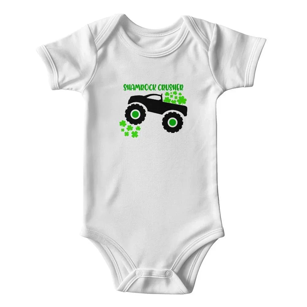 Shamrock Crusher St. Patrick’s Day Baby Bodysuit – Funny Monster Truck Onesie – Soft Cotton Infant Romper – Irish Holiday Outfit & Baby Gift