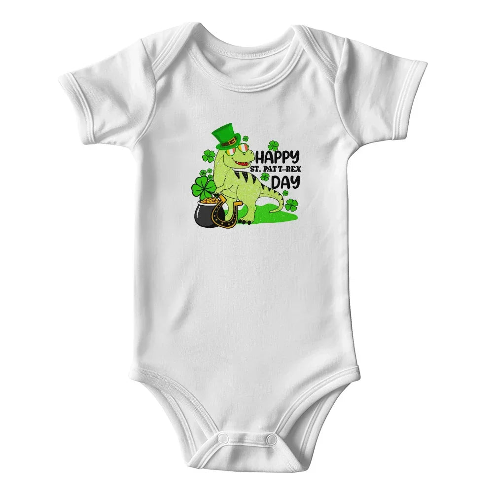 Baby St. Patrick's Day Bodysuit – Cute T-Rex Dinosaur – Lucky Irish Holiday Outfit – Soft Cotton Short Sleeve Infant Romper
