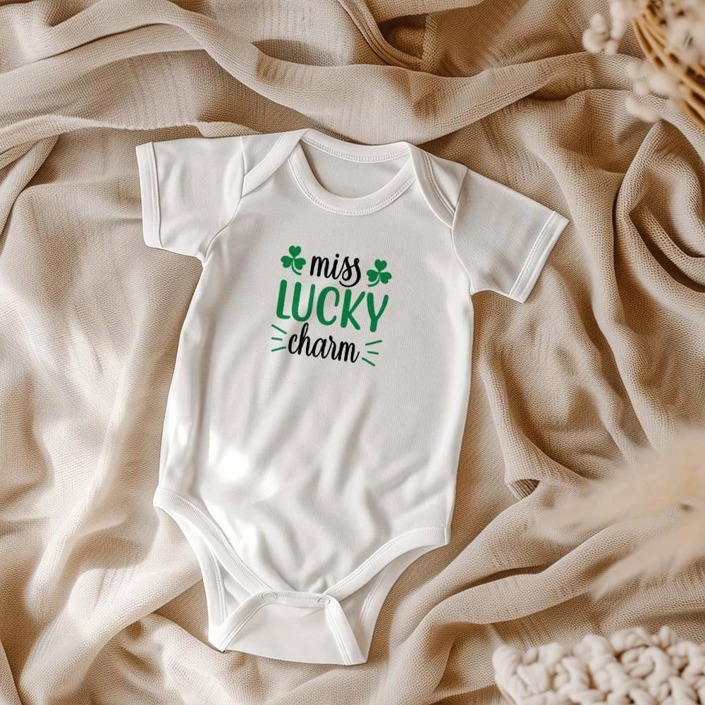 Miss Lucky Charm St. Patrick’s Day Baby Bodysuit – Cute Shamrock Onesie – Soft Cotton Infant Romper – Funny Irish Holiday Outfit & Baby Shower Gift