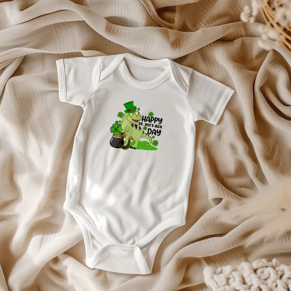 Baby St. Patrick's Day Bodysuit – Cute T-Rex Dinosaur – Lucky Irish Holiday Outfit – Soft Cotton Short Sleeve Infant Romper