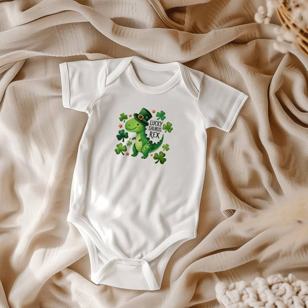 Lucky Saurus Rex St. Patrick’s Day Baby Bodysuit – Cute Dinosaur & Shamrock Onesie – Soft Cotton Infant Romper – Funny Irish Holiday Outfit & Baby Gift