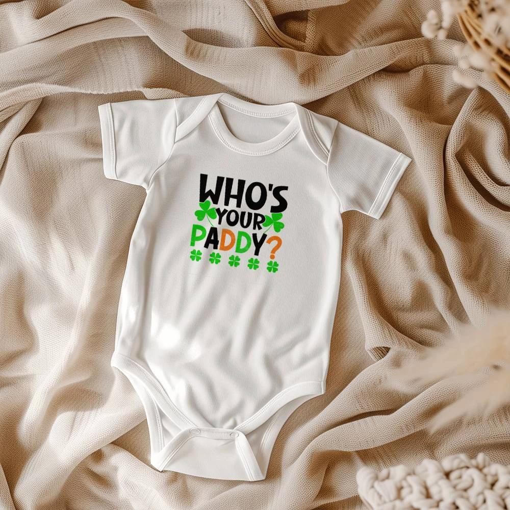 Who’s Your Paddy? St. Patrick’s Day Baby Bodysuit – Funny Shamrock Onesie – Soft Cotton Infant Romper – Cute Irish HHoliday Outfit & Baby Gift