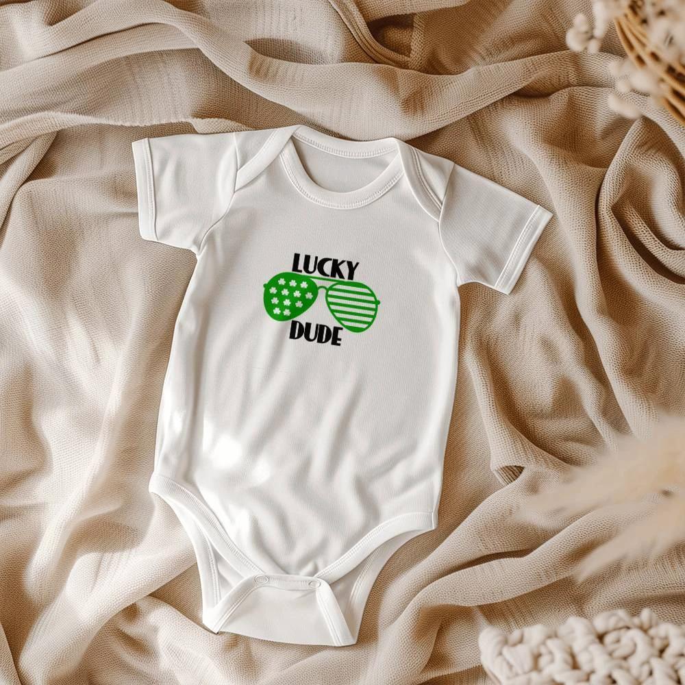 Lucky Dude St. Patrick’s Day Baby Bodysuit – Cool Shamrock Sunglasses Onesie – Soft Cotton Infant Romper – Funny Irish Holiday Outfit & Baby Gift