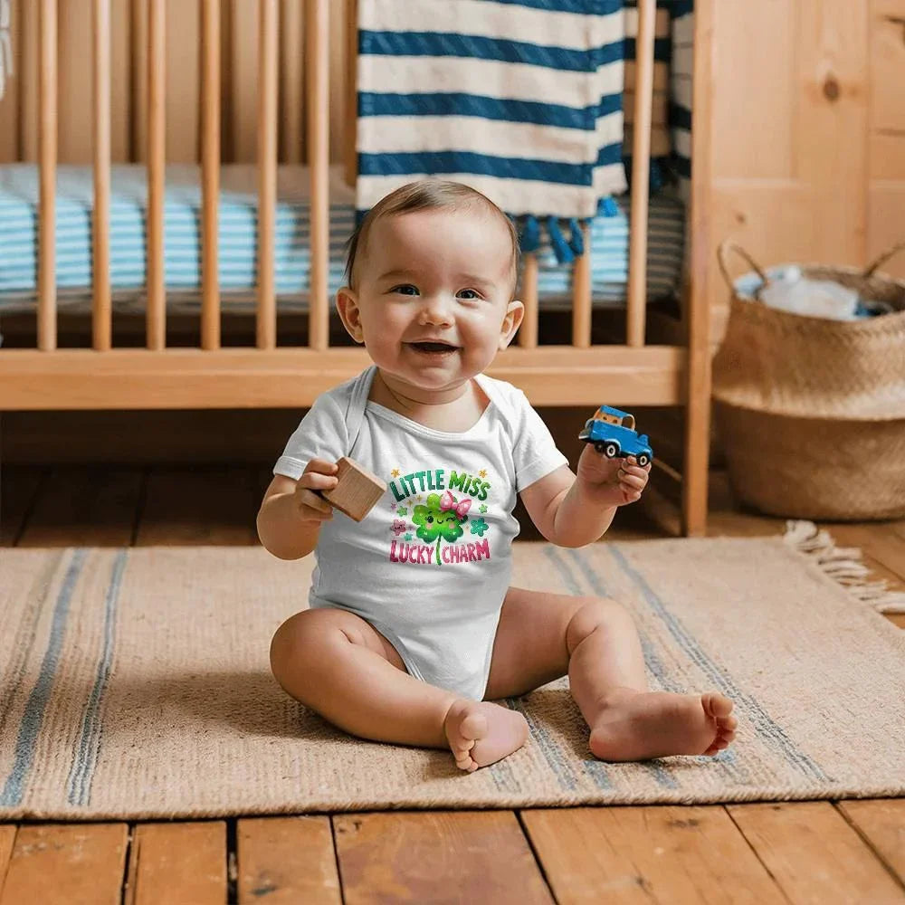 Little Miss Lucky Charm St. Patrick’s Day Baby Bodysuit – Cute Shamrock & Bow Onesie – Soft Cotton Infant Romper – Irish Holiday Outfit & Baby Gift