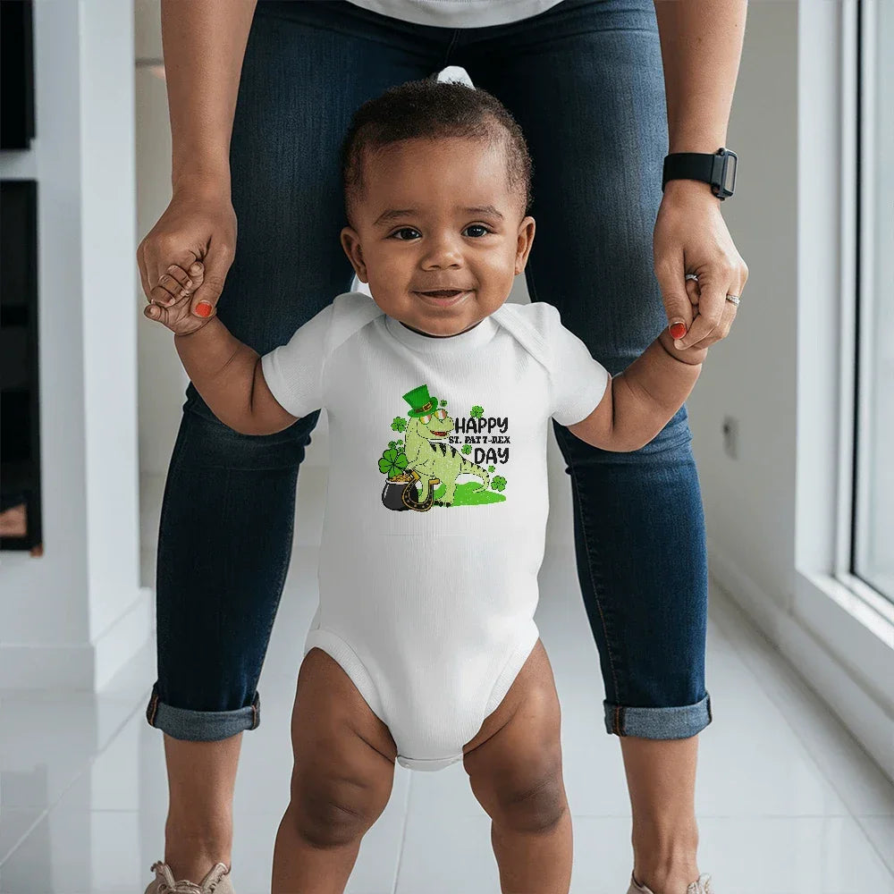 Baby St. Patrick's Day Bodysuit – Cute T-Rex Dinosaur – Lucky Irish Holiday Outfit – Soft Cotton Short Sleeve Infant Romper