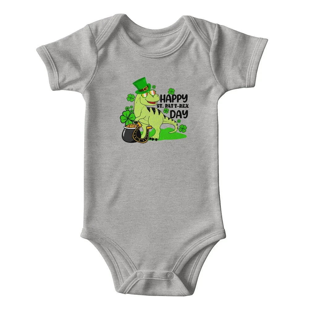 Baby St. Patrick's Day Bodysuit – Cute T-Rex Dinosaur – Lucky Irish Holiday Outfit – Soft Cotton Short Sleeve Infant Romper