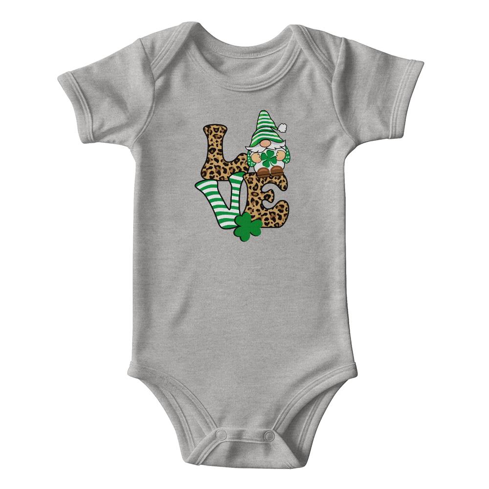 Love St. Patrick’s Day Baby Bodysuit – Cute Gnome & Shamrock Onesie – Soft Cotton Infant Romper – Leopard Print Irish Holiday Outfit & Baby Gift - Mallard Moon Gift Shop