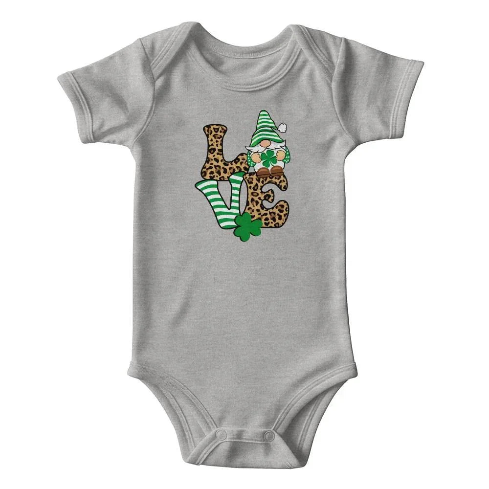 Love St. Patrick’s Day Baby Bodysuit – Cute Gnome & Shamrock Onesie – Soft Cotton Infant Romper – Leopard Print Irish Holiday Outfit & Baby Gift