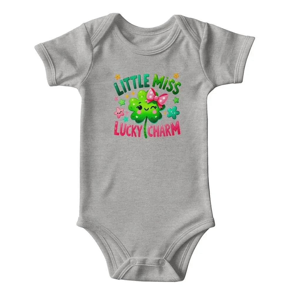 Little Miss Lucky Charm St. Patrick’s Day Baby Bodysuit – Cute Shamrock & Bow Onesie – Soft Cotton Infant Romper – Irish Holiday Outfit & Baby Gift
