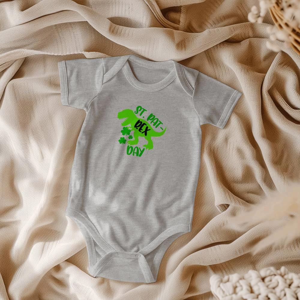 St. Pat-Rex Day Baby Bodysuit – Funny Dinosaur St. Patrick’s Day Onesie – Soft Cotton Infant Romper – Cute Irish Holiday Outfit & Baby Gift