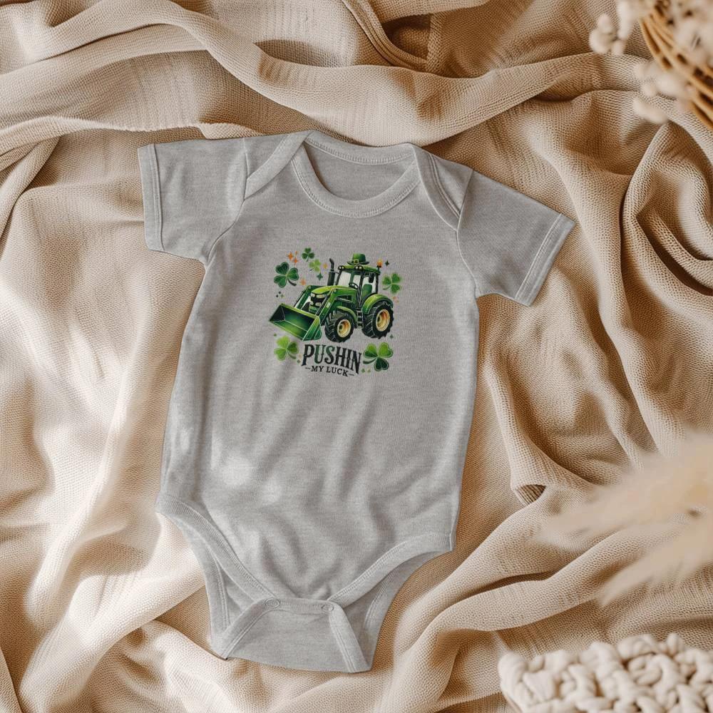 Pushin’ My Luck St. Patrick’s Day Baby Bodysuit – Funny Tractor & Shamrock Onesie – Soft Cotton Infant Romper – Irish Holiday Outfit & Baby Gift
