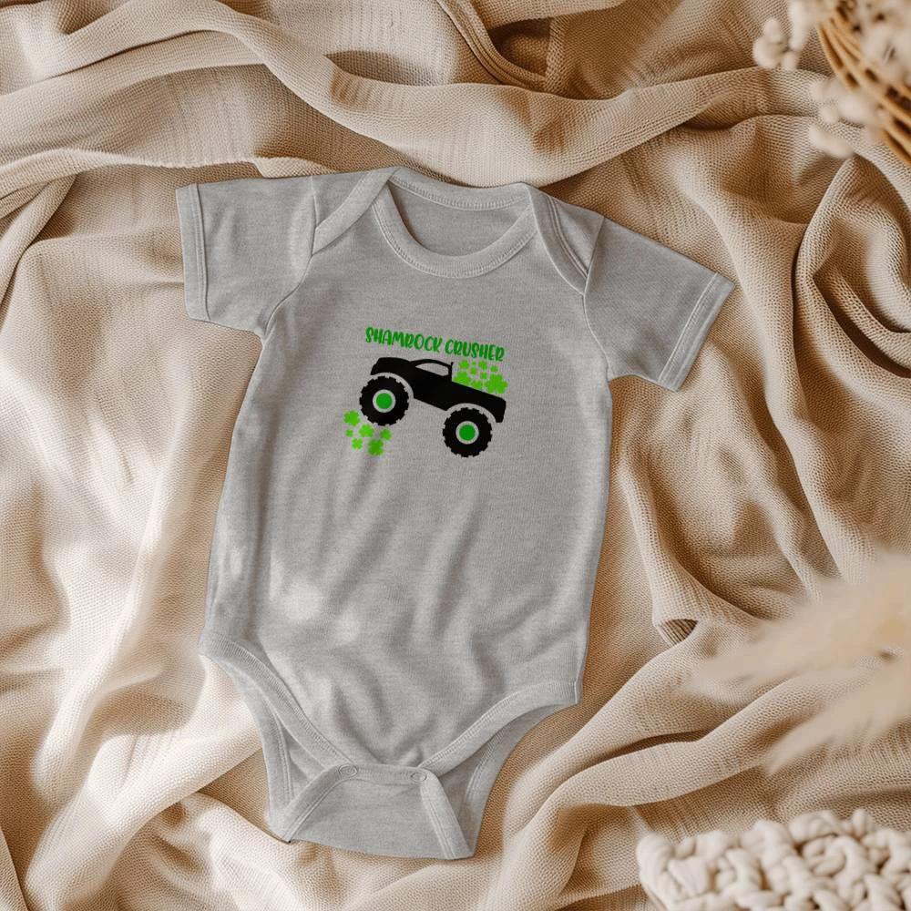 Shamrock Crusher St. Patrick’s Day Baby Bodysuit – Funny Monster Truck Onesie – Soft Cotton Infant Romper – Irish Holiday Outfit & Baby Gift