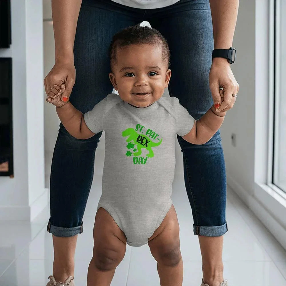 St. Pat-Rex Day Baby Bodysuit – Funny Dinosaur St. Patrick’s Day Onesie – Soft Cotton Infant Romper – Cute Irish Holiday Outfit & Baby Gift