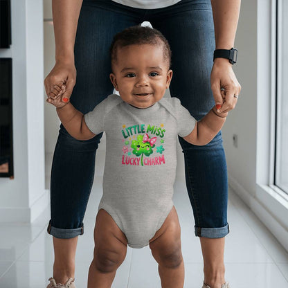 Little Miss Lucky Charm St. Patrick’s Day Baby Bodysuit – Cute Shamrock & Bow Onesie – Soft Cotton Infant Romper – Irish Holiday Outfit & Baby Gift - Mallard Moon Gift Shop