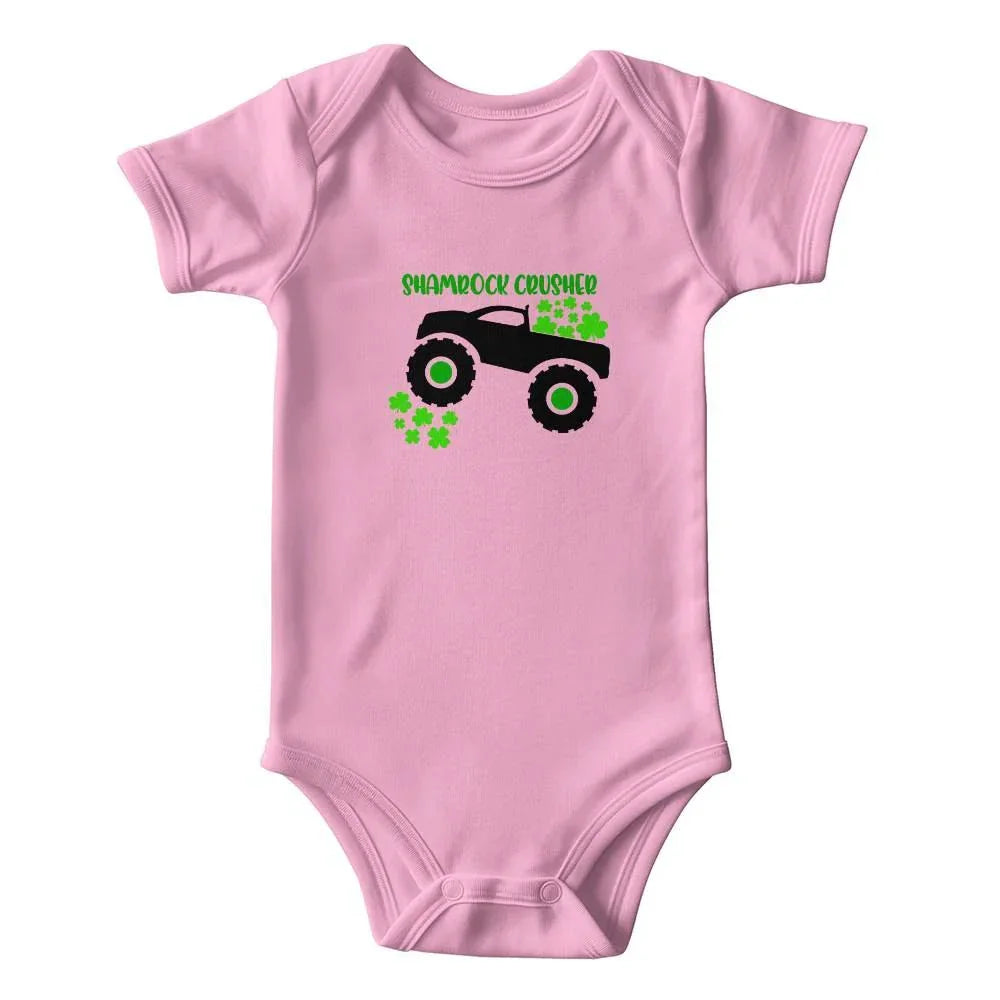 Shamrock Crusher St. Patrick’s Day Baby Bodysuit – Funny Monster Truck Onesie – Soft Cotton Infant Romper – Irish Holiday Outfit & Baby Gift