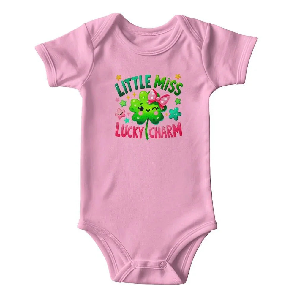 Little Miss Lucky Charm St. Patrick’s Day Baby Bodysuit – Cute Shamrock & Bow Onesie – Soft Cotton Infant Romper – Irish Holiday Outfit & Baby Gift