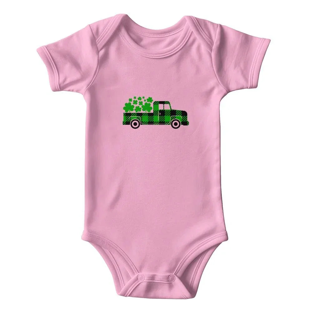 Plaid Shamrock Truck St. Patrick’s Day Baby Bodysuit – Cute Farmhouse Irish Onesie – Soft Cotton Infant Romper – Lucky Holiday Outfit & Baby Gift
