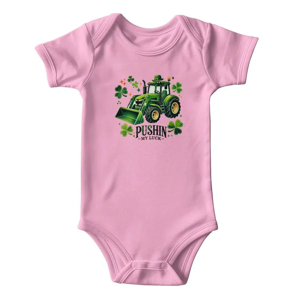 Pushin’ My Luck St. Patrick’s Day Baby Bodysuit – Funny Tractor & Shamrock Onesie – Soft Cotton Infant Romper – Irish Holiday Outfit & Baby Gift