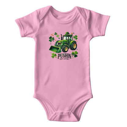 Pushin’ My Luck St. Patrick’s Day Baby Bodysuit – Funny Tractor & Shamrock Onesie – Soft Cotton Infant Romper – Irish Holiday Outfit & Baby Gift - Mallard Moon Gift Shop