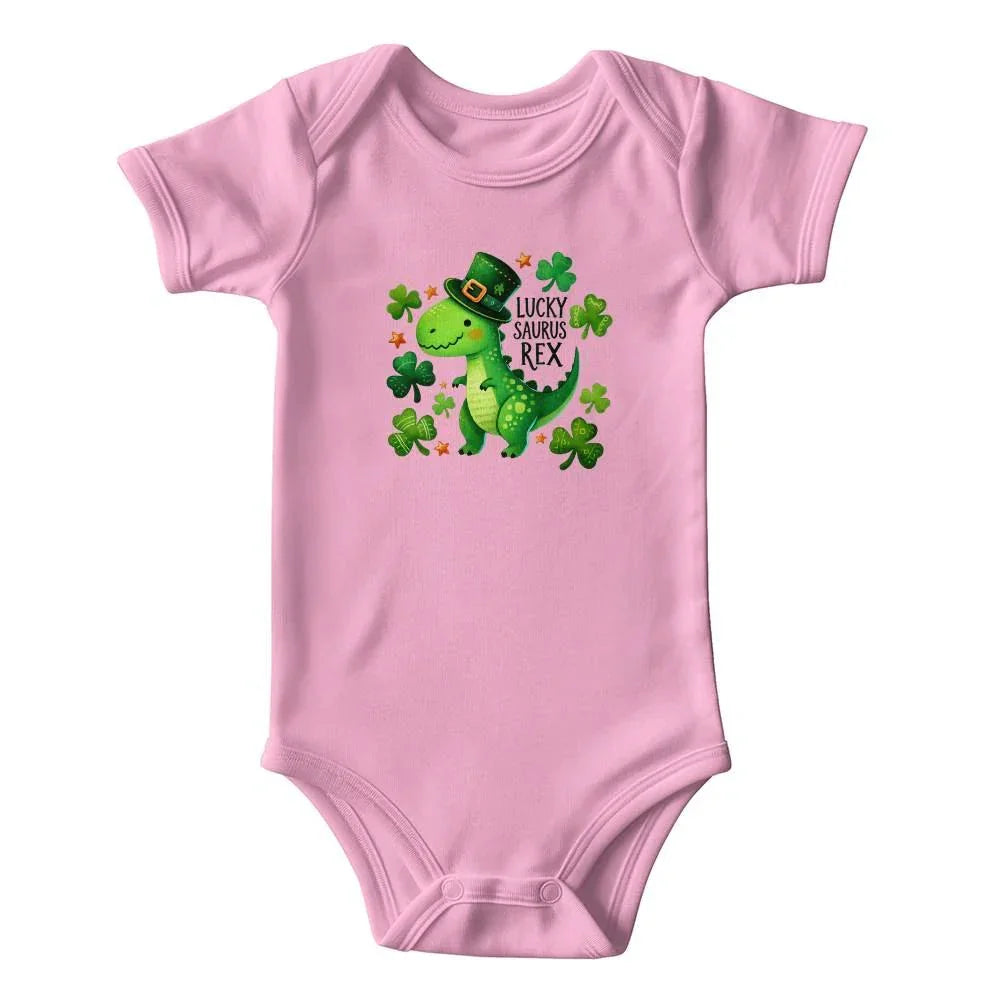Lucky Saurus Rex St. Patrick’s Day Baby Bodysuit – Cute Dinosaur & Shamrock Onesie – Soft Cotton Infant Romper – Funny Irish Holiday Outfit & Baby Gift