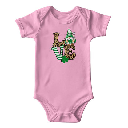 Love St. Patrick’s Day Baby Bodysuit – Cute Gnome & Shamrock Onesie – Soft Cotton Infant Romper – Leopard Print Irish Holiday Outfit & Baby Gift - Mallard Moon Gift Shop