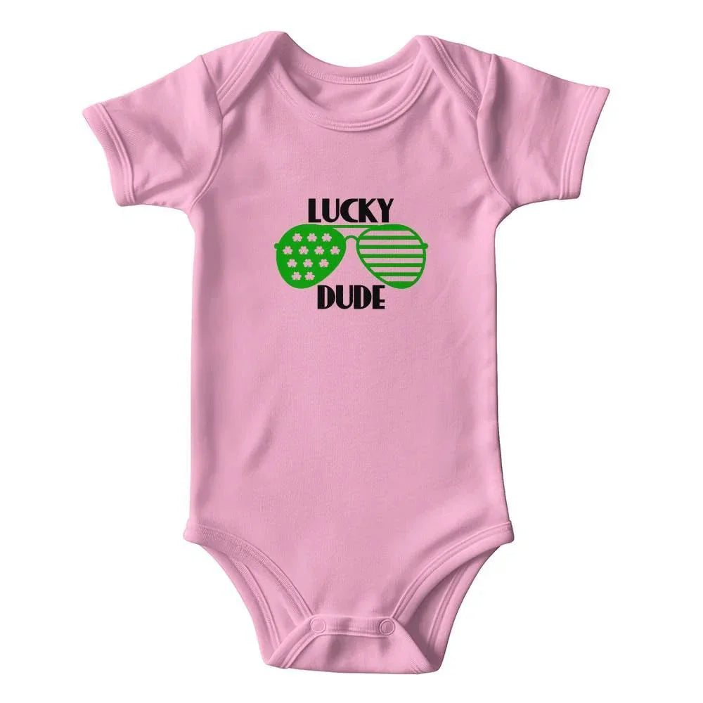 Lucky Dude St. Patrick’s Day Baby Bodysuit – Cool Shamrock Sunglasses Onesie – Soft Cotton Infant Romper – Funny Irish Holiday Outfit & Baby Gift