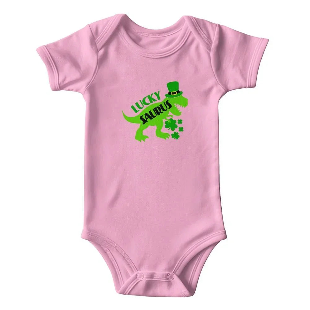 Luckysaurus St. Patrick’s Day Baby Bodysuit – Cute T-Rex Dinosaur Onesie – Soft Cotton Infant Romper – Funny Irish Holiday Outfit & Baby Gift