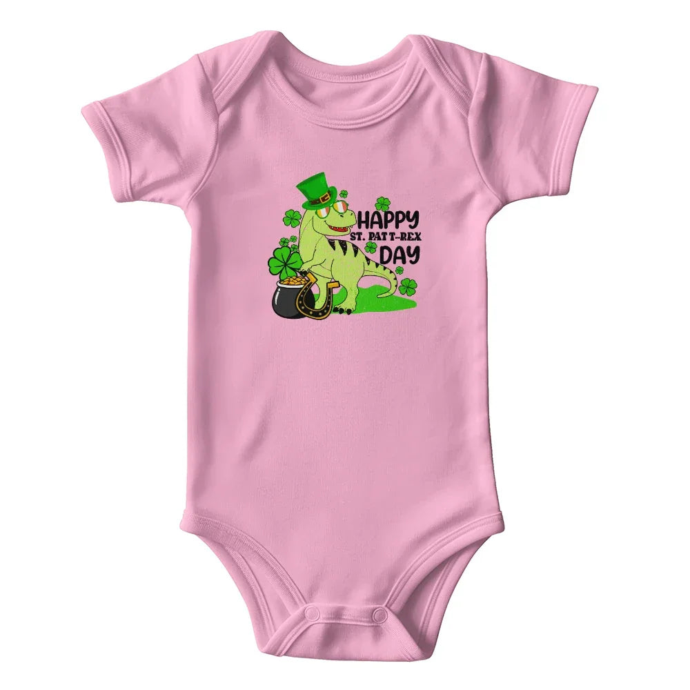 Baby St. Patrick's Day Bodysuit – Cute T-Rex Dinosaur – Lucky Irish Holiday Outfit – Soft Cotton Short Sleeve Infant Romper