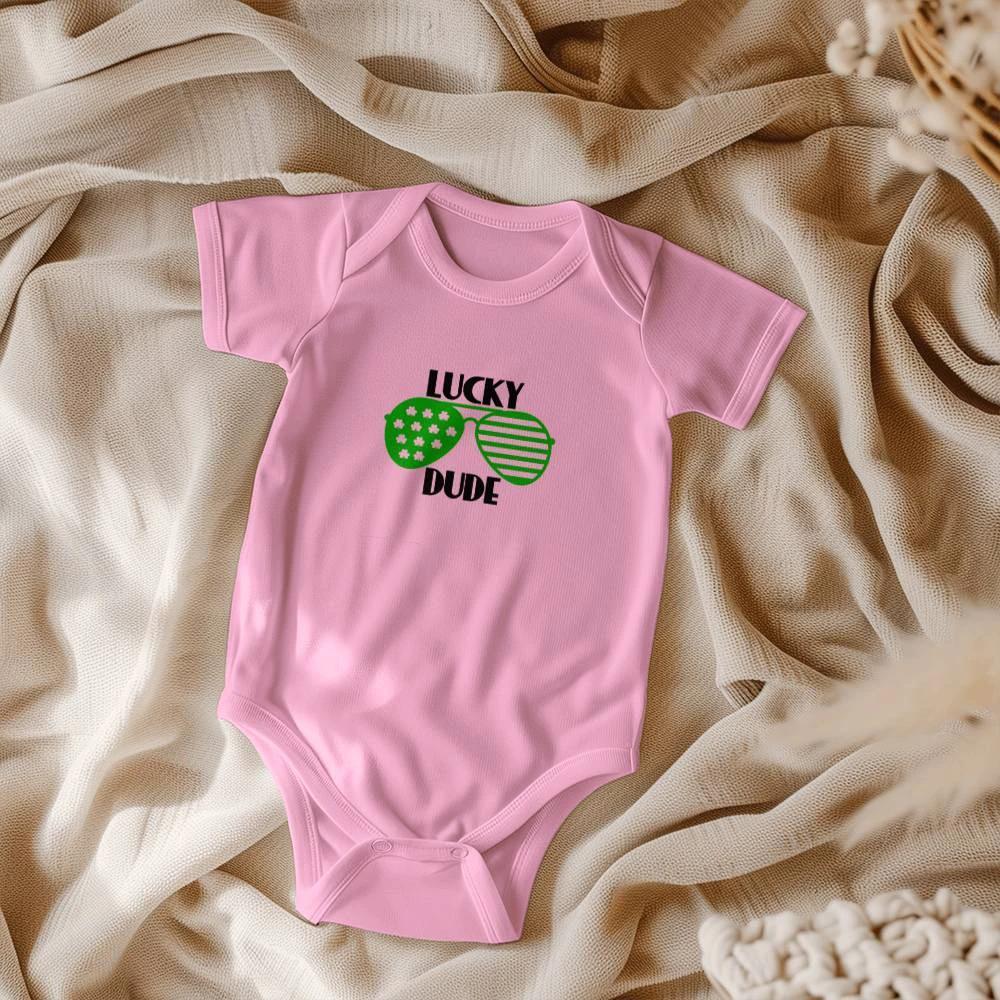 Lucky Dude St. Patrick’s Day Baby Bodysuit – Cool Shamrock Sunglasses Onesie – Soft Cotton Infant Romper – Funny Irish Holiday Outfit & Baby Gift