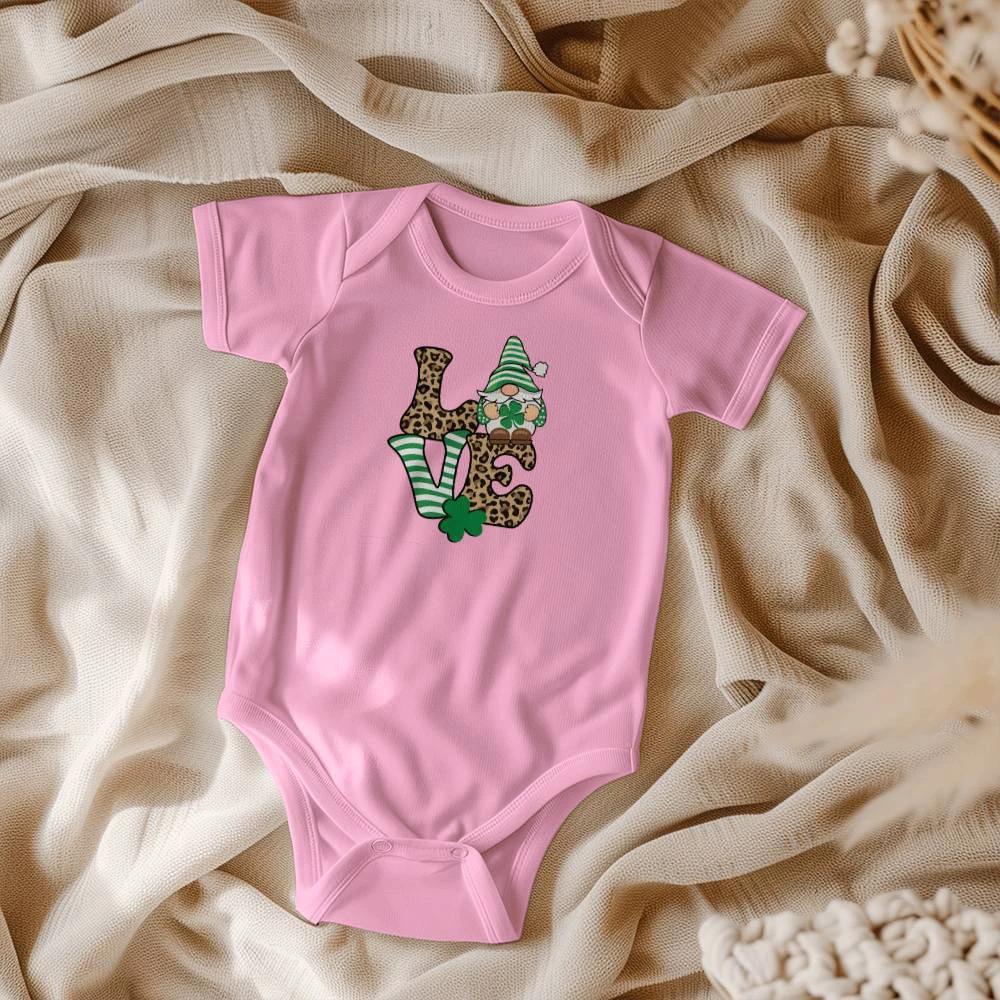 Love St. Patrick’s Day Baby Bodysuit – Cute Gnome & Shamrock Onesie – Soft Cotton Infant Romper – Leopard Print Irish Holiday Outfit & Baby Gift