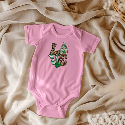 Love St. Patrick’s Day Baby Bodysuit – Cute Gnome & Shamrock Onesie – Soft Cotton Infant Romper – Leopard Print Irish Holiday Outfit & Baby Gift - Mallard Moon Gift Shop