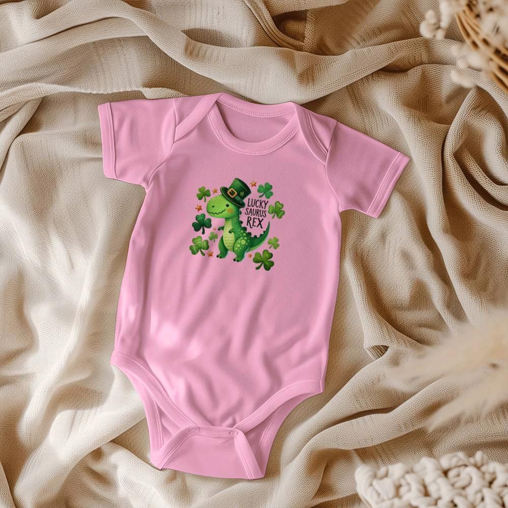 Lucky Saurus Rex St. Patrick’s Day Baby Bodysuit – Cute Dinosaur & Shamrock Onesie – Soft Cotton Infant Romper – Funny Irish Holiday Outfit & Baby Gift