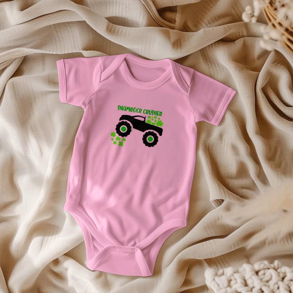 Shamrock Crusher St. Patrick’s Day Baby Bodysuit – Funny Monster Truck Onesie – Soft Cotton Infant Romper – Irish Holiday Outfit & Baby Gift