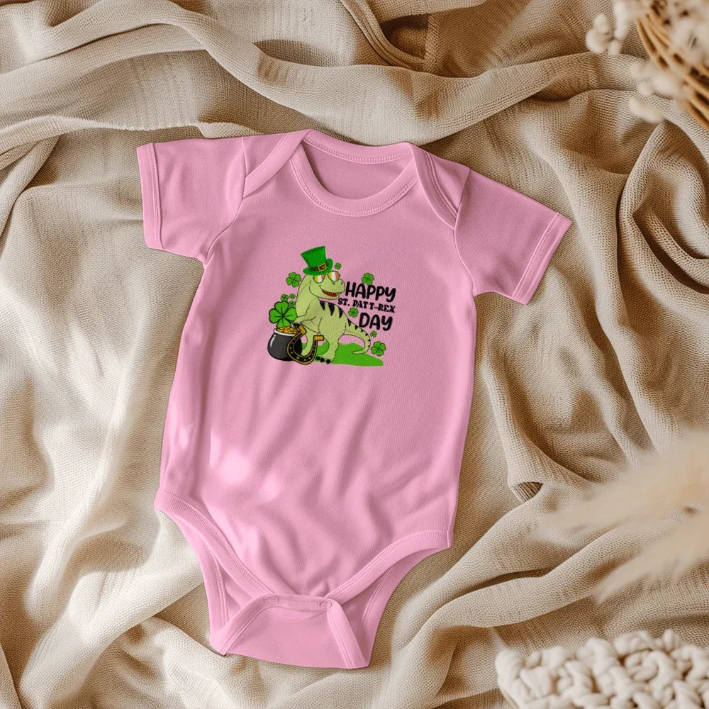 Baby St. Patrick's Day Bodysuit – Cute T-Rex Dinosaur – Lucky Irish Holiday Outfit – Soft Cotton Short Sleeve Infant Romper