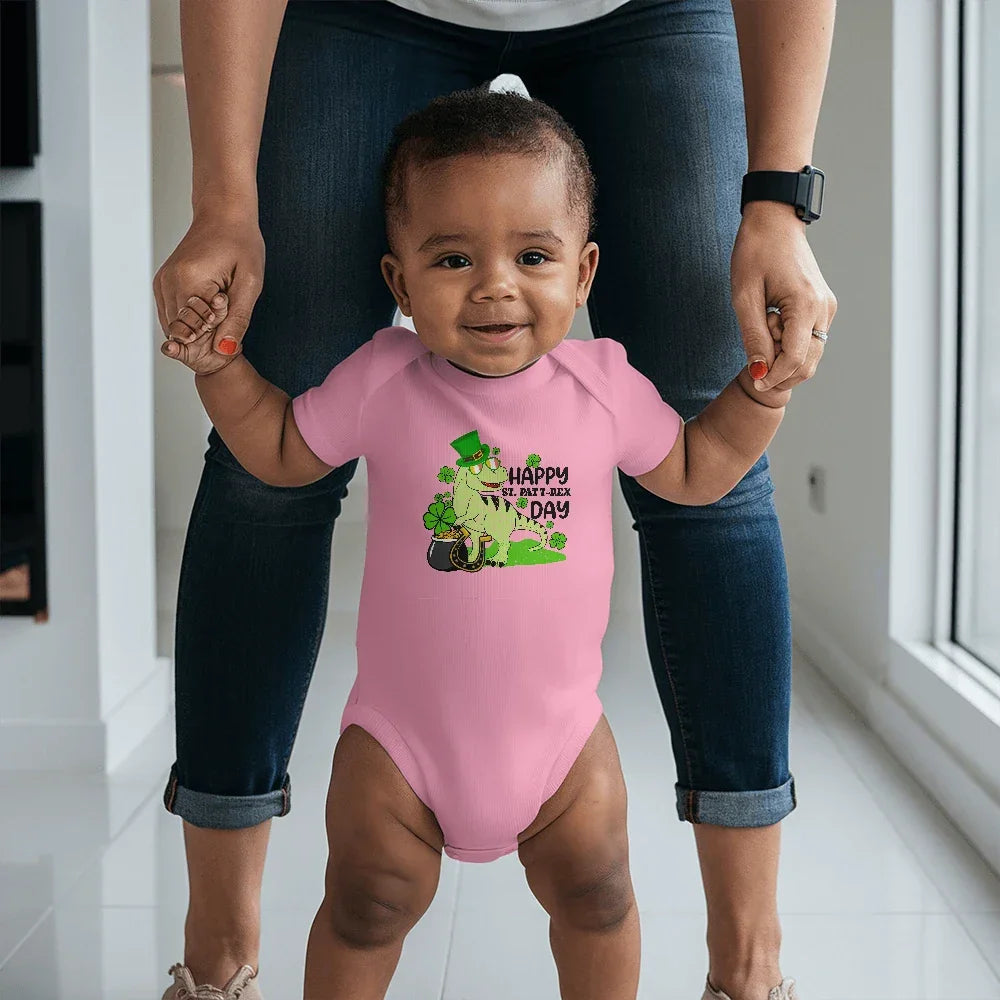 Baby St. Patrick's Day Bodysuit – Cute T-Rex Dinosaur – Lucky Irish Holiday Outfit – Soft Cotton Short Sleeve Infant Romper