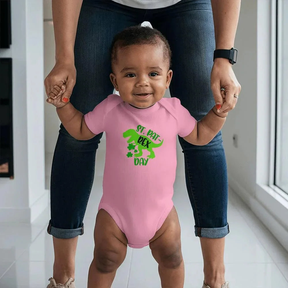 St. Pat-Rex Day Baby Bodysuit – Funny Dinosaur St. Patrick’s Day Onesie – Soft Cotton Infant Romper – Cute Irish Holiday Outfit & Baby Gift