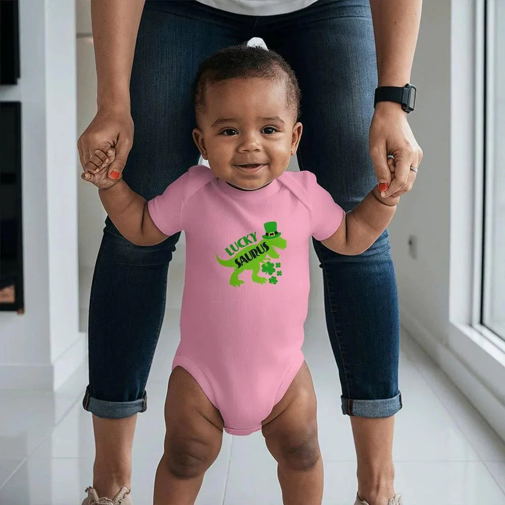 Luckysaurus St. Patrick’s Day Baby Bodysuit – Cute T-Rex Dinosaur Onesie – Soft Cotton Infant Romper – Funny Irish Holiday Outfit & Baby Gift