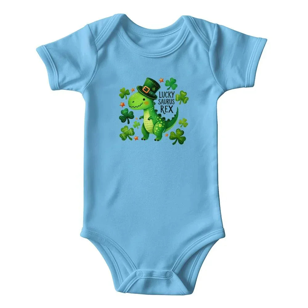 Lucky Saurus Rex St. Patrick’s Day Baby Bodysuit – Cute Dinosaur & Shamrock Onesie – Soft Cotton Infant Romper – Funny Irish Holiday Outfit & Baby Gift
