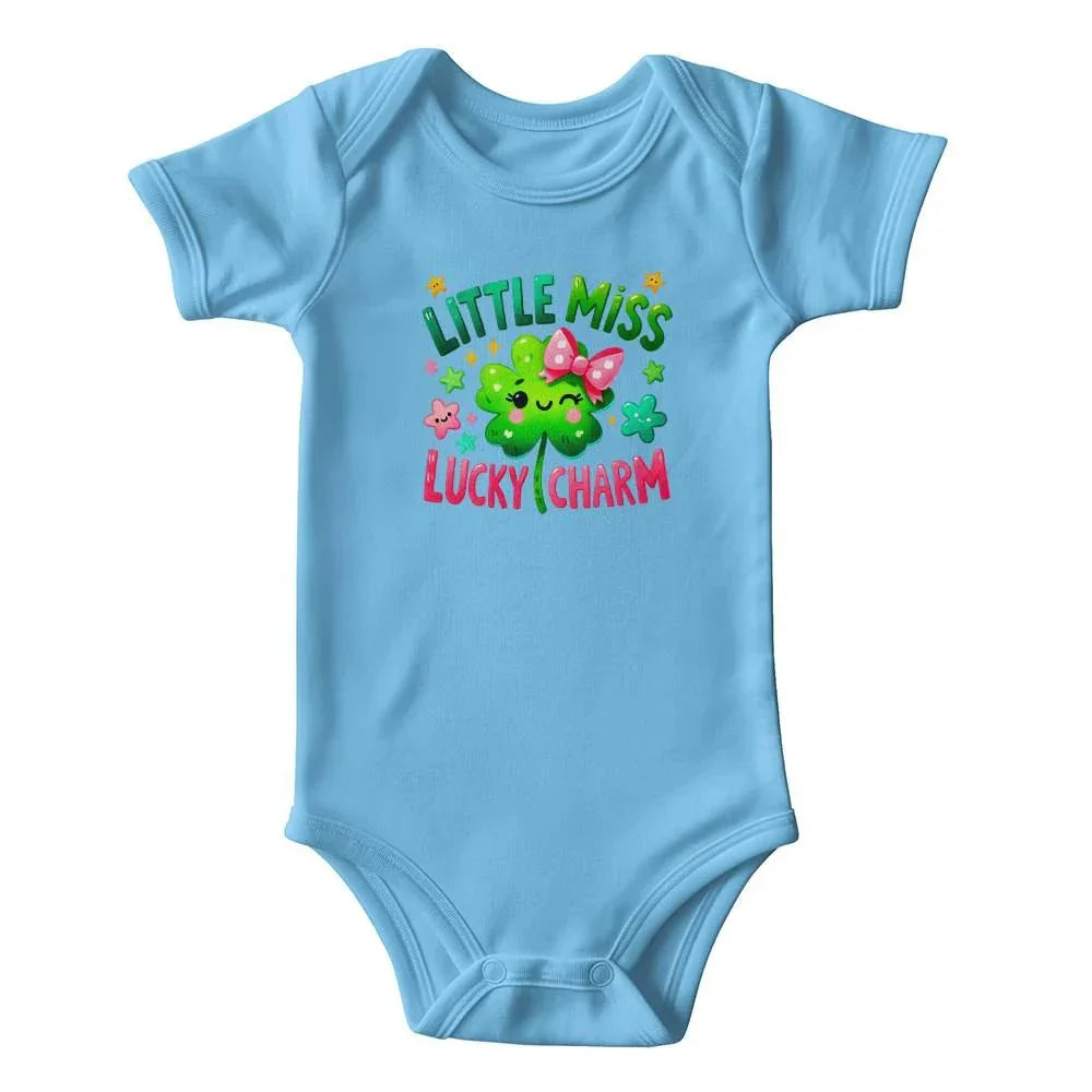 Little Miss Lucky Charm St. Patrick’s Day Baby Bodysuit – Cute Shamrock & Bow Onesie – Soft Cotton Infant Romper – Irish Holiday Outfit & Baby Gift