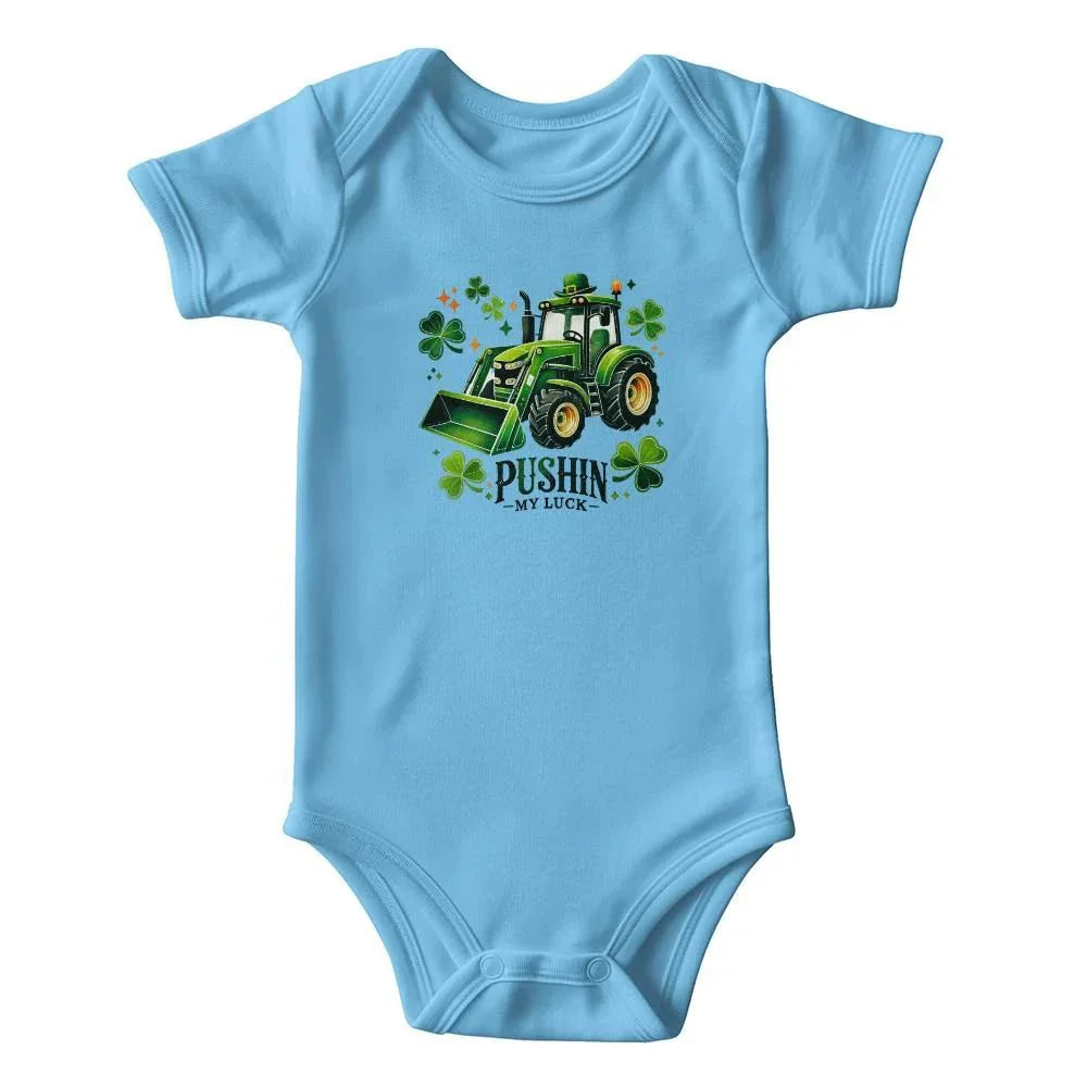 Pushin’ My Luck St. Patrick’s Day Baby Bodysuit – Funny Tractor & Shamrock Onesie – Soft Cotton Infant Romper – Irish Holiday Outfit & Baby Gift
